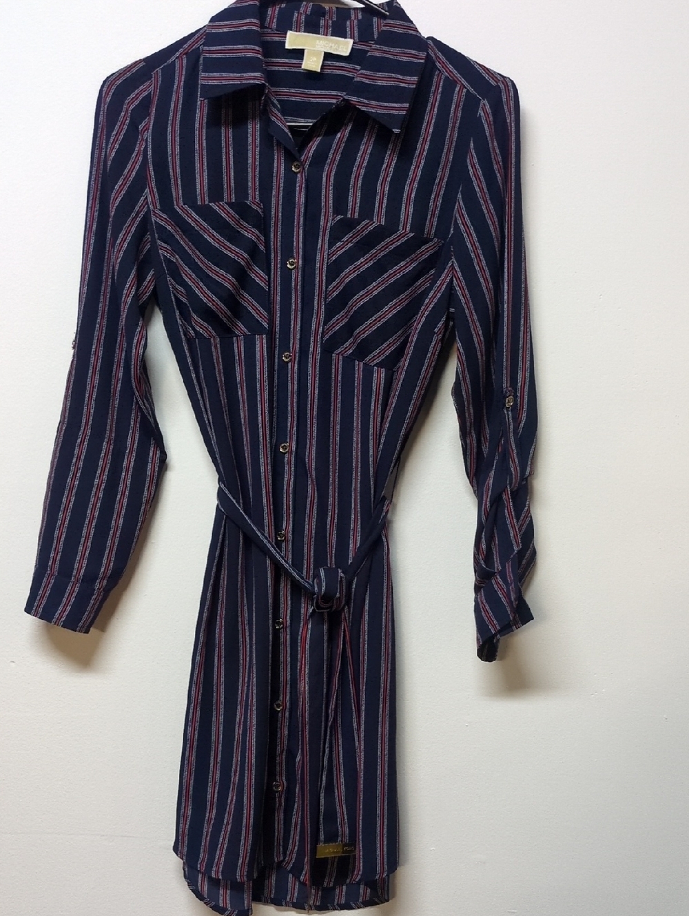 Michael Michael Kors Navy Striped Roll-Tab Sleeve Shirt Dress with Belt, Size 2